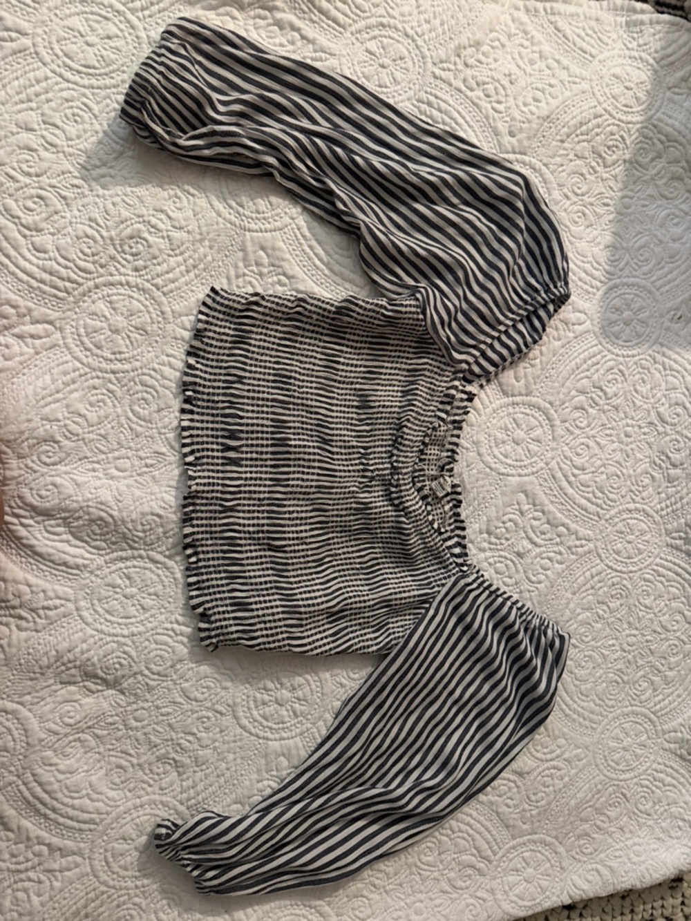 American Eagle Outfitters Black & White Striped Off-Shoulder Smocked Crop Top